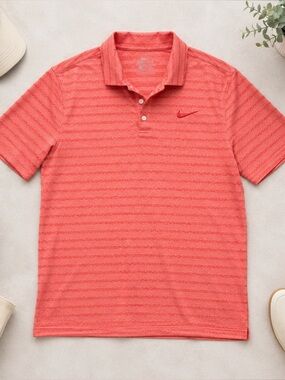Nike Dri-FIT Golf Polo Mens Large Coral Orange Striped Performance Shirt